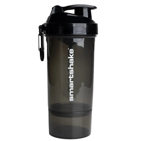 Black shaker bottle with a brand logo on a white background