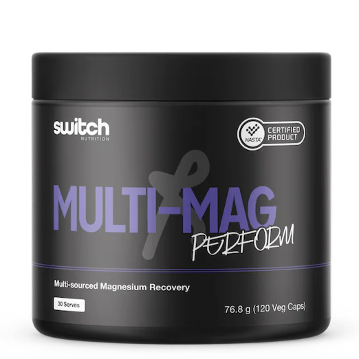 Black container of Switch Nutrition Multi-Mag Perform supplement on a white background