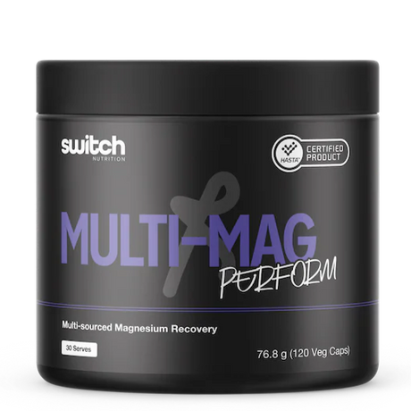 Black container of Switch Nutrition Multi-Mag Perform supplement on a white background