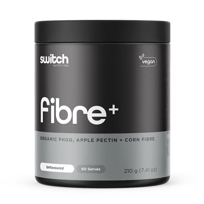 Black container of switch Nutrition fibre+ on a white background