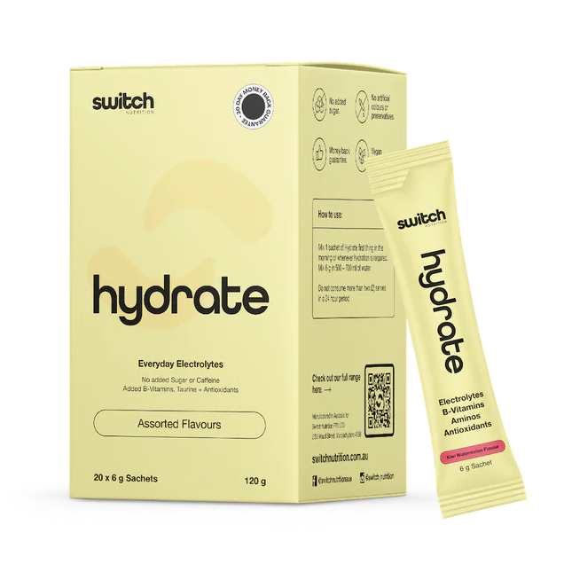 Box and single packet of 'switch' hydrate on a white background