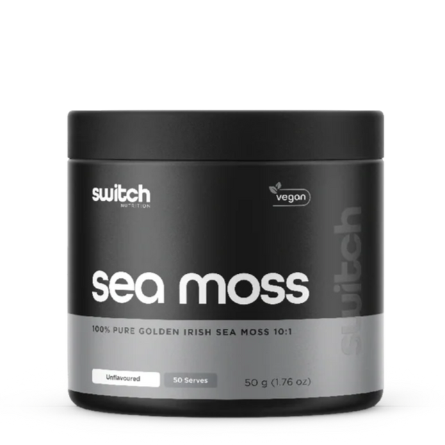 Container of sea moss with 'switch' branding on a white background