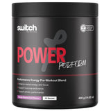 A black tub of Switch Nutrition Power Perform pre workout mango passionfruit flavour.