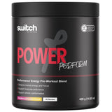 A black tub of Switch Nutrition Power Perform pre workout raspberry lemonade flavour