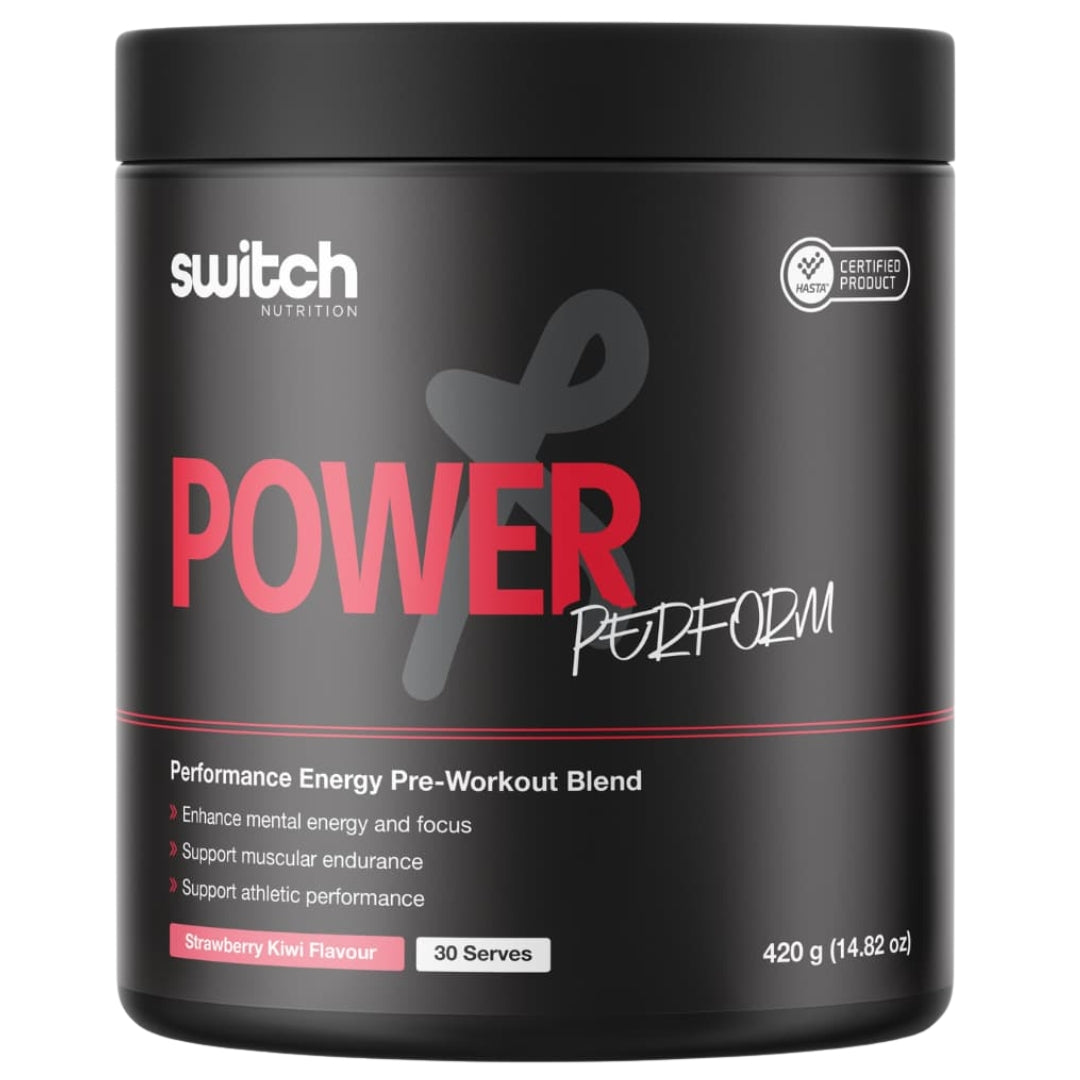 A black tub of Switch Nutrition Power Perform pre workout strawberry kiwi flavour