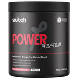 A black tub of Switch Nutrition Power Perform pre workout strawberry kiwi flavour
