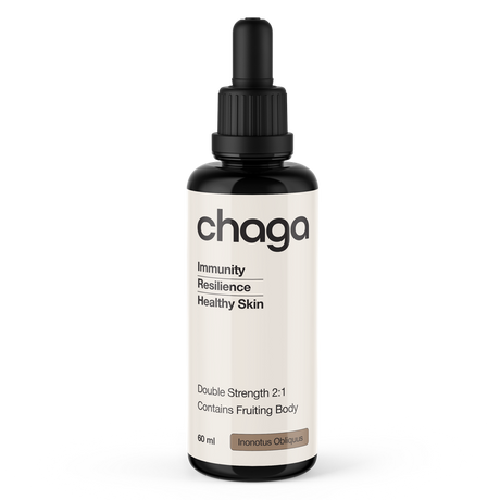 Chaga supplement bottle with dropper on a white background