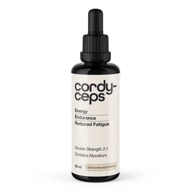Bottle of Cordyceps supplement with dropper on a white background