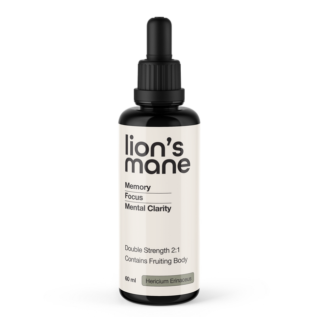 Bottle of 'lion's mane' supplement with a dropper on a white background