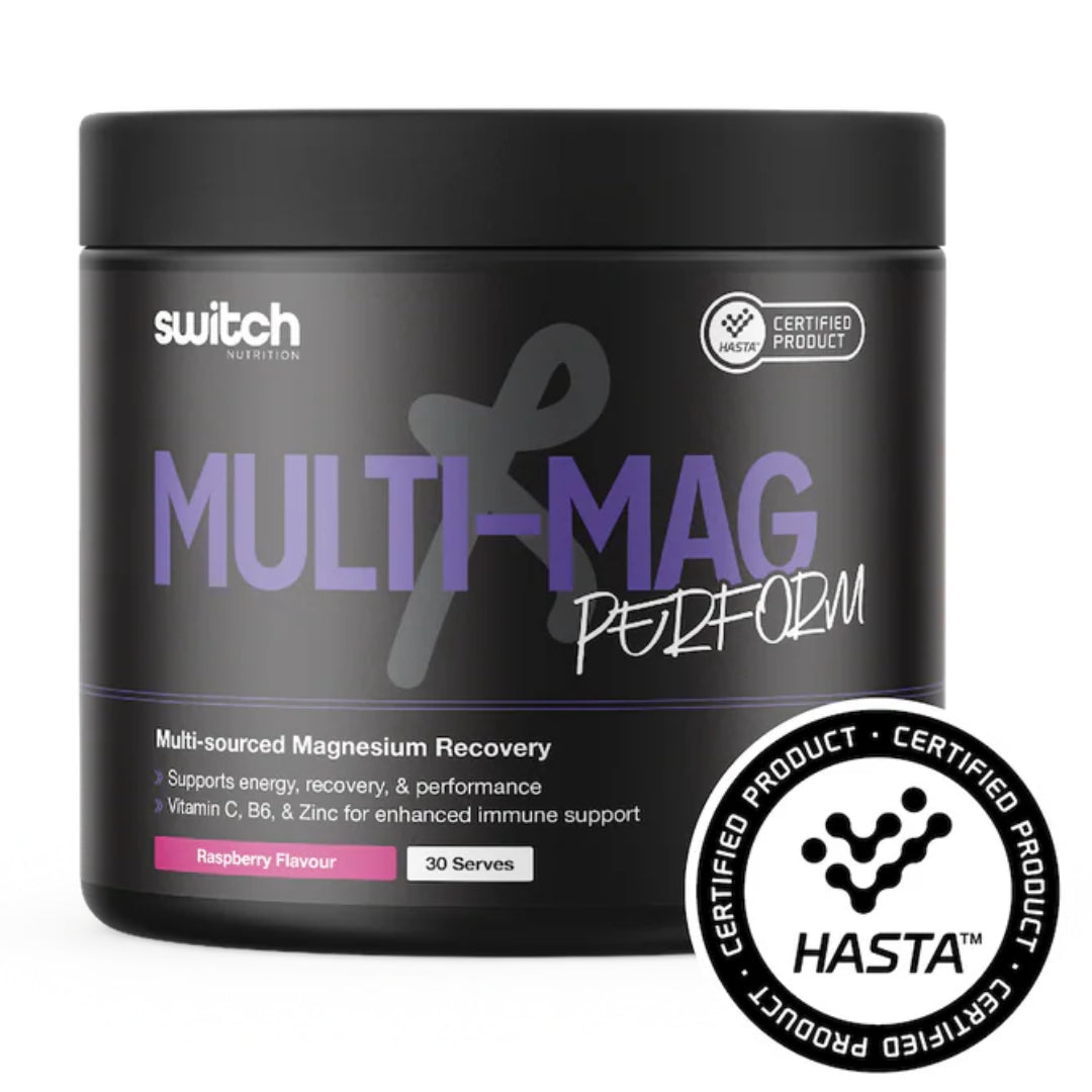 Black supplement container labeled 'Multi-Mag Perform' with certification logos on a white background