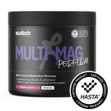 Black supplement container labeled 'Multi-Mag Perform' with certification logos on a white background