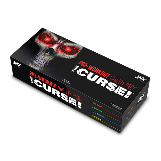 A box of JNX Sports The Curse! Pre-Workout in a variety pack with five servings, featuring a black and red color scheme with a skull design.