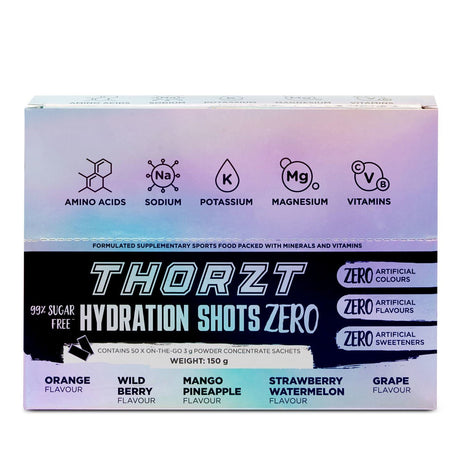 Box of Thorzt Hydration Shots Zero with flavor options on a white background