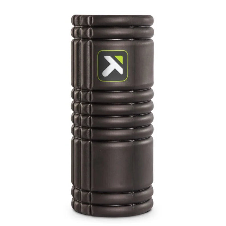 Brown foam roller with a logo on a white background