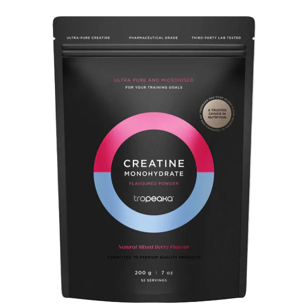 Black package of Tropeaka Creatine Monohydrate powder with colorful logo on a white background