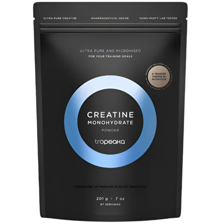 Black package of Tropeaka Creatine Monohydrate Powder with blue circle on a white background