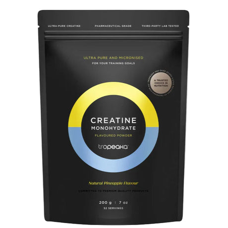 Black package of creatine monohydrate powder with yellow and blue accents on a white background