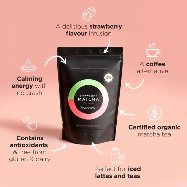 Strawberry Matcha tea package with features on a pink background