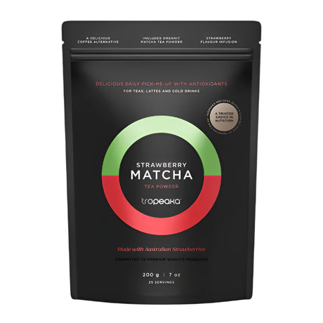 Tropeaka Strawberry Matcha tea powder package with green and red design on a white background