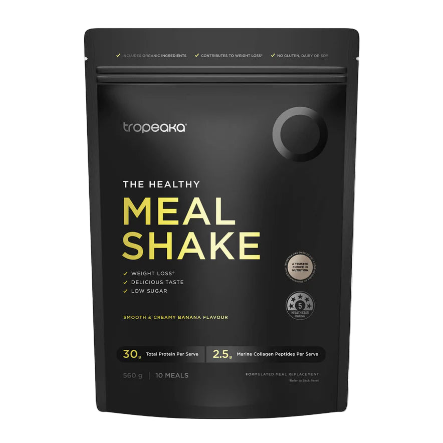 Black package of Troopeaka meal shake banana flavour with yellow text on a white background