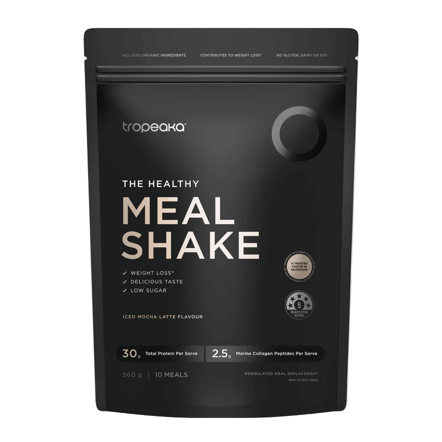Black package of Troopeaka meal shake iced mocha latte flavour on a white background