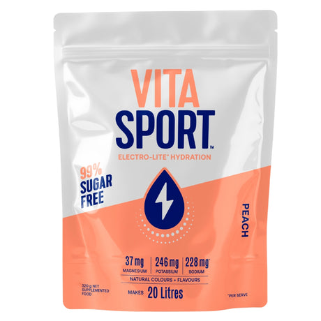 Vita Sport peach-flavored hydration package on a white background
