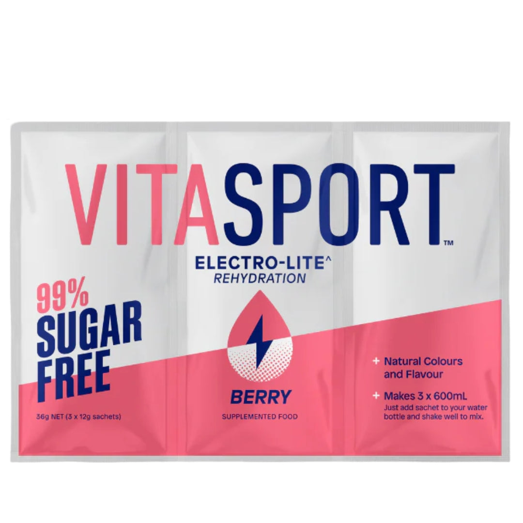 Vitasport Electro-Lite rehydration powder packet with berry flavor on a white background