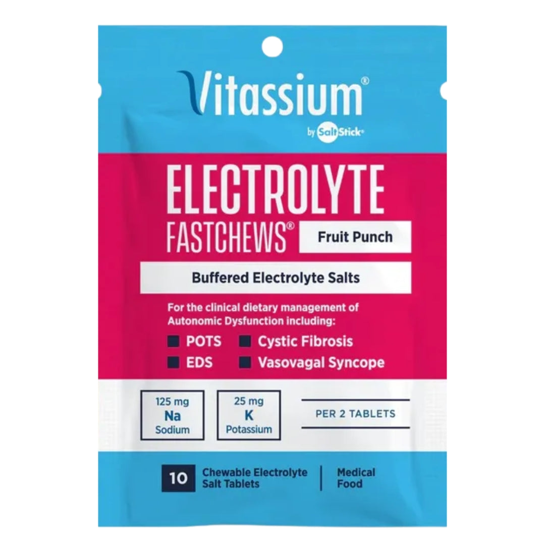Vitassium Electrolyte Fastchews package with blue and pink design on a white background