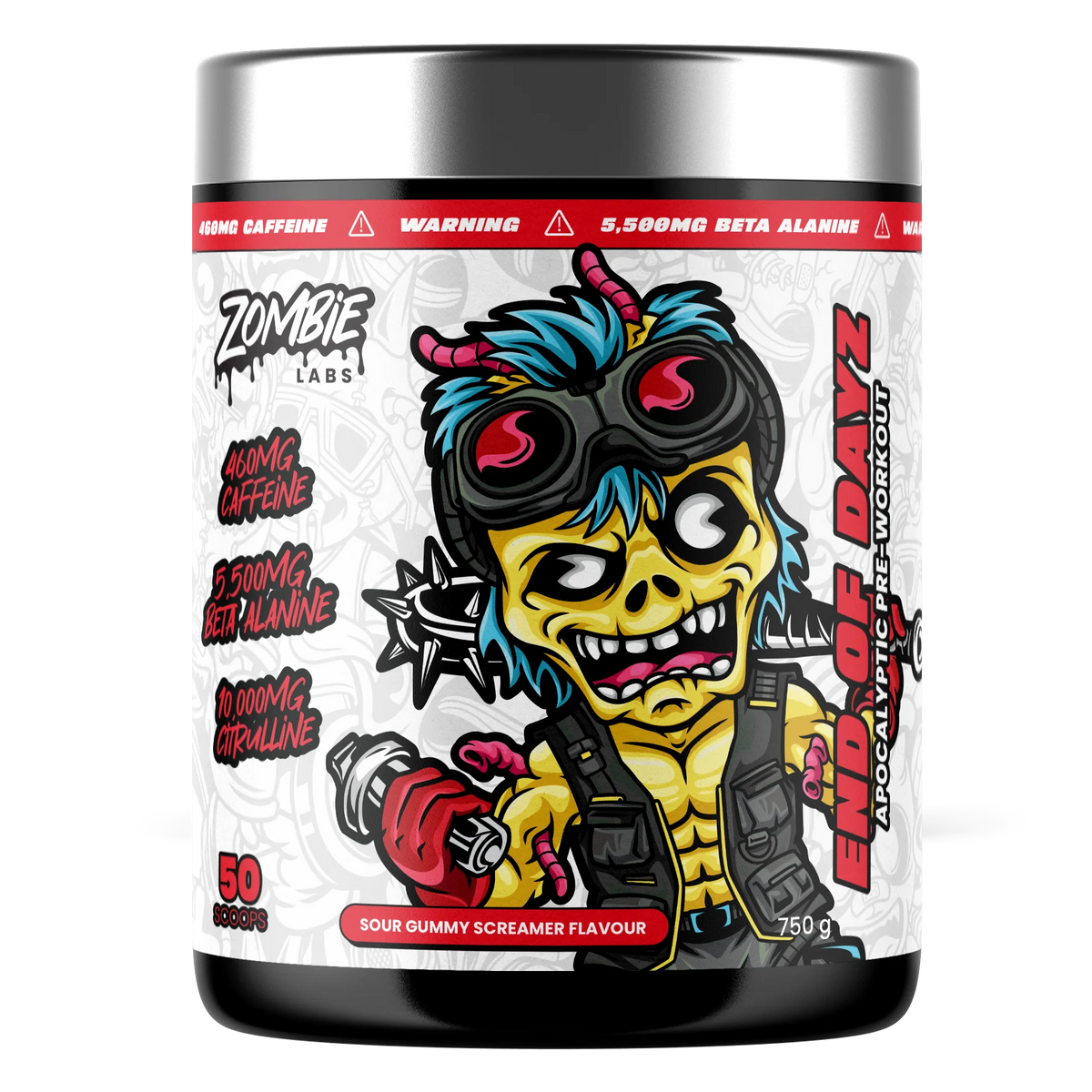 Supplement container with a colorful zombie-themed design on a white background