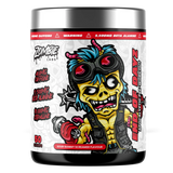 Supplement container with a colorful zombie-themed design on a white background