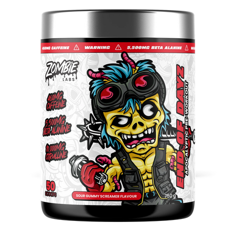 Supplement container with a colorful zombie-themed design on a white background