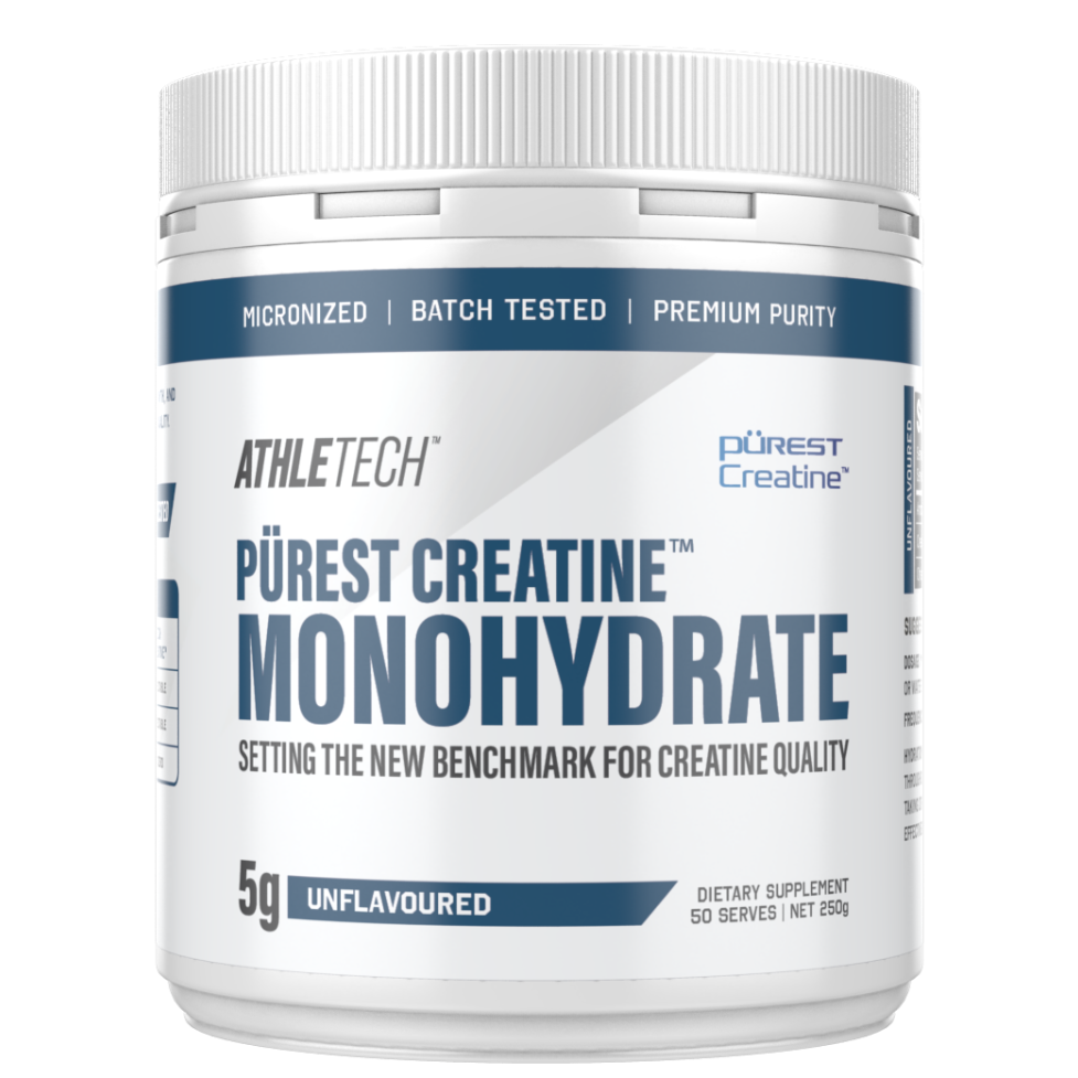 Athletech Purest Creatine Monohydrate supplement container on a white background