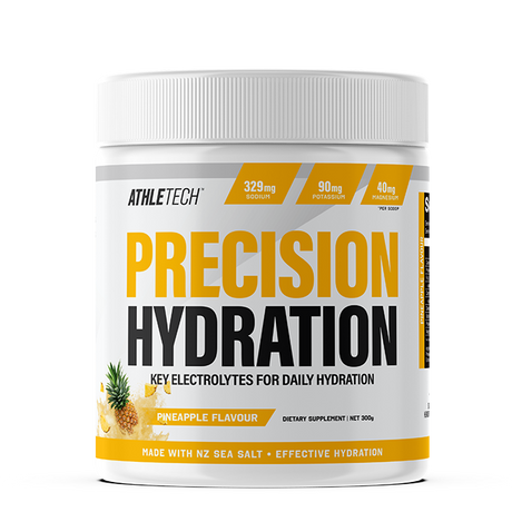 Athletech Precision Hydration supplement container with pineapple flavor on a white background