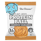 Protein ball package with Blue Dinosaur branding and cashew caramel flavor information.
