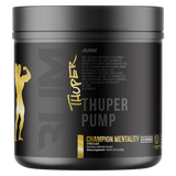 Black supplement container labeled 'Thuper Pump' with gold and white text on a white background