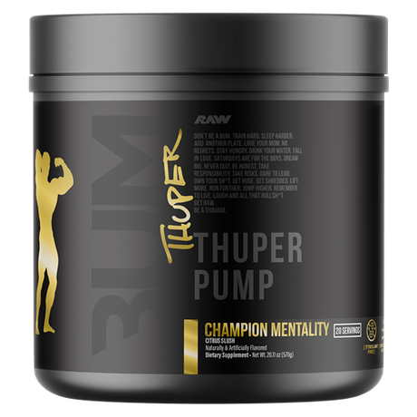 Black supplement container labeled 'Thuper Pump' with gold and white text on a white background