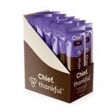 Packaging of Chief Thankful chocolate-covered oat and seed bars with purple packaging.