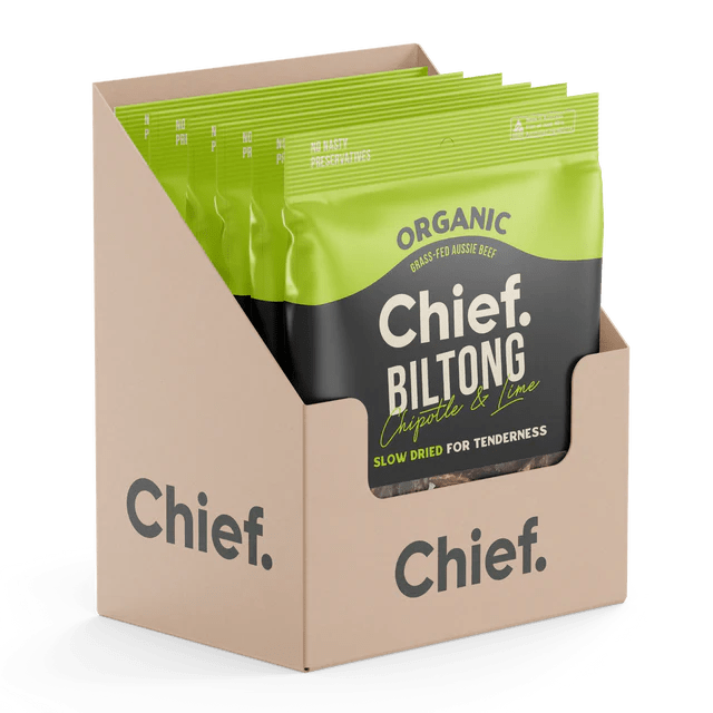 Chief Organic Grass-Fed Beef Biltong 90g 12 Box / Chipotle & Lime