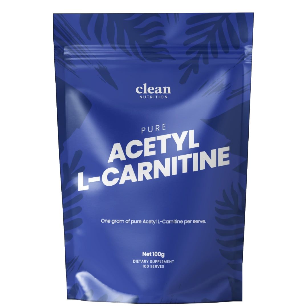 Blue package of pure acetyl L-carnitine by clean nutrition on a white background