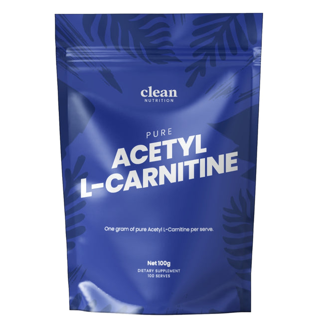 Blue package of pure acetyl L-carnitine by clean nutrition on a white background