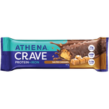 A packaged Athena Crave Protein + Iron bar in Salted Caramel flavor, shown on a plain white background. The wrapper is teal and dark blue with a large photo of a chocolate-coated caramel bar and caramel cube graphics.