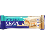 A single Athena Crave protein bar in its wrapper, featuring a white chocolate caramel cheesecake flavor. The packaging has a teal and dark blue design with a depiction of the bar broken open to show the white chocolate and caramel filling.
