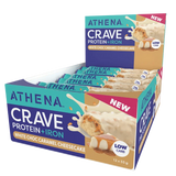 A box of Athena Crave Protein + Iron protein bars in White Choc Caramel Cheesecake flavor, shown on a clean white background.