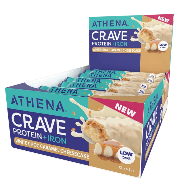A box of Athena Crave Protein + Iron protein bars in White Choc Caramel Cheesecake flavor, shown on a clean white background.