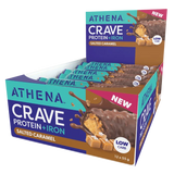 A box of Athena Crave Protein + Iron protein bars in Salted Caramel flavor, shown on a clean white background. The packaging features a teal and brown design with a chocolate-covered caramel bar illustration and a pink 'NEW' banner.