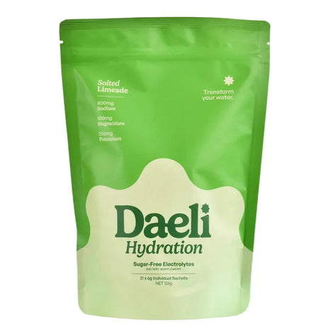 Green package of Daeli Hydration on a pink background