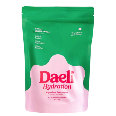 Green and pink package of Daeli Hydration on a pink background