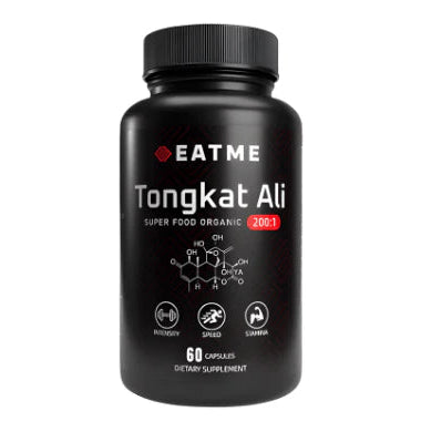 Black supplement bottle labeled 'EATME Tongkat Ali' on a white background