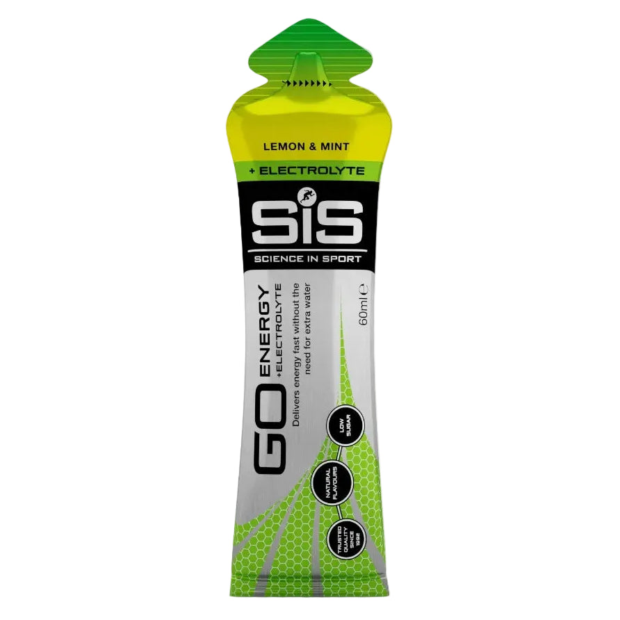 Green and white energy gel pack with 'Science in Sport' branding on a white background
