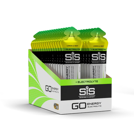 Box of SIS (Science in Sport) energy and electrolyte packets on a white background